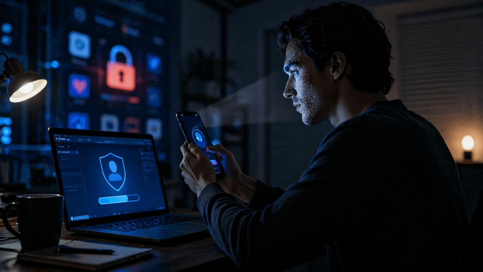 A photorealistic night scene of a person using a laptop and phone while facing digital age verification and privacy check screens.