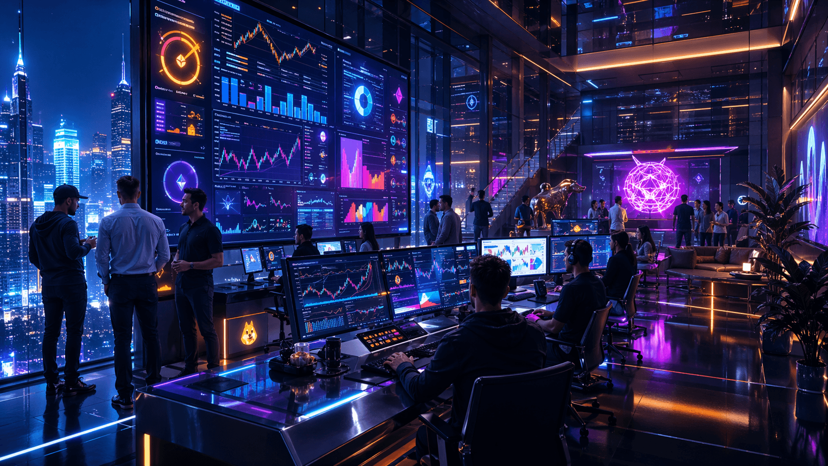 A vibrant photorealistic 16:9 4K PNG scene showing a futuristic crypto trading command room at night, with glowing prediction market dashboards, perpetual futures charts, memecoin launch screens, and social trading feeds all visible across sleek monitors, traders and creators moving through the space, reflections of neon blue, orange, and magenta light across glass and polished metal, a high-energy but professional atmosphere, cinematic depth, ultra-detailed textures, no text in image