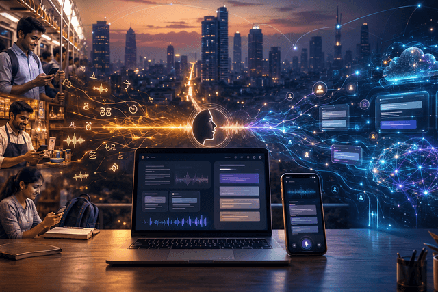 A cinematic image of voice AI transforming spoken language into digital writing across mobile devices in a modern Indian city setting.
