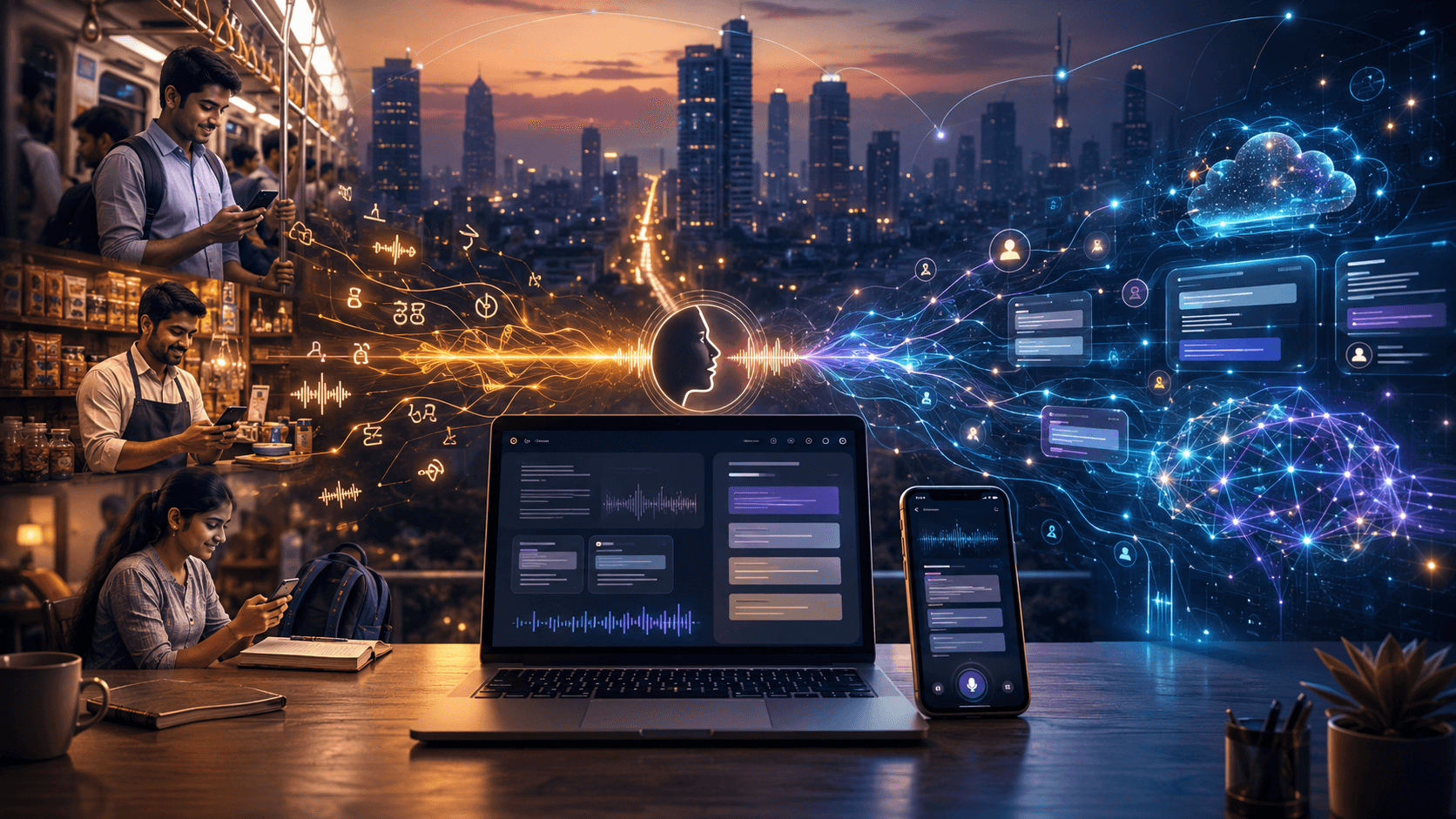 A cinematic image of voice AI transforming spoken language into digital writing across mobile devices in a modern Indian city setting.
