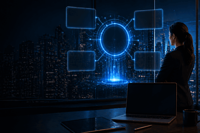 mage of a modern digital workspace showing holographic marketing dashboards, AI-generated content panels, and brand analytics overlays, with a creative professional monitoring multiple screens, symbolising Adobe’s role as the control layer for AI-driven customer experience.