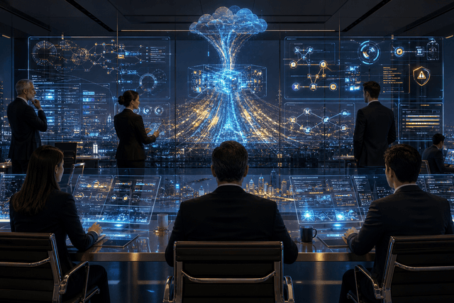A futuristic enterprise command centre where finance and engineering leaders monitor AI agent costs, workflow outcomes and risk dashboards.