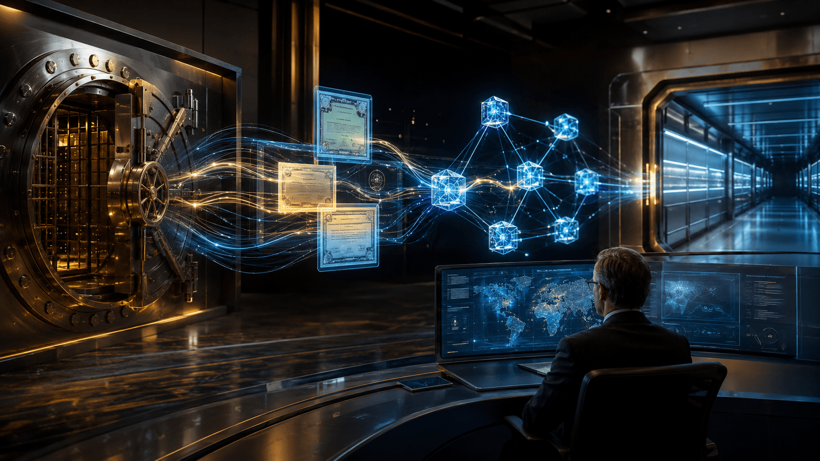 A cinematic institutional finance control room showing traditional banking infrastructure connected to glowing blockchain-style cash rails.