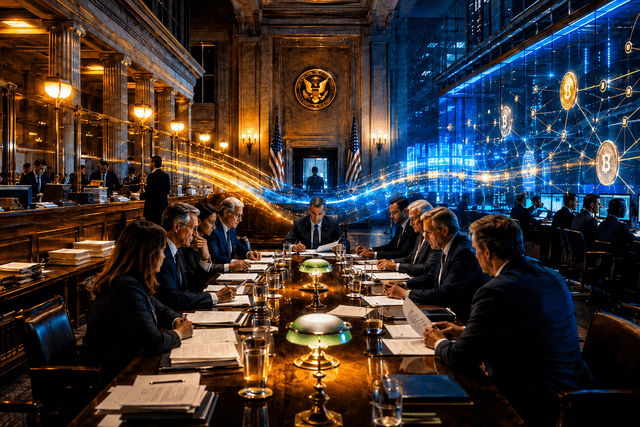 A cinematic policy-room scene showing traditional banking systems and digital stablecoin payment rails colliding over the future of money.