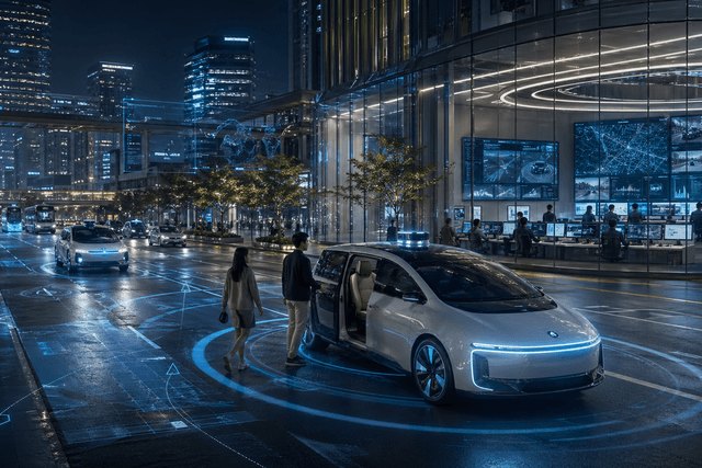 A futuristic Korean smart city scene showing autonomous taxis, AI navigation overlays and a remote control centre managing Level 4 driverless mobility.