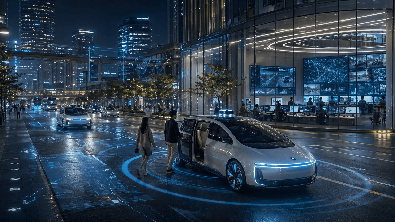 A futuristic Korean smart city scene showing autonomous taxis, AI navigation overlays and a remote control centre managing Level 4 driverless mobility.