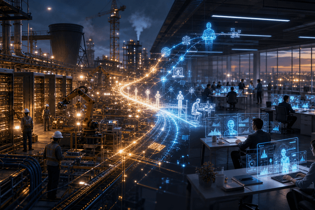 A cinematic scene shows AI data centres, office workers, glowing job pathways, and digital dashboards representing the changing future of work.
