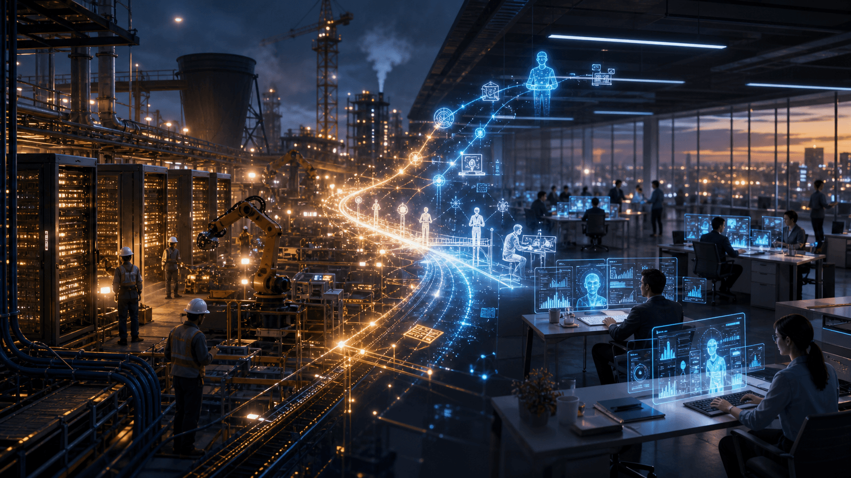 A cinematic scene shows AI data centres, office workers, glowing job pathways, and digital dashboards representing the changing future of work.