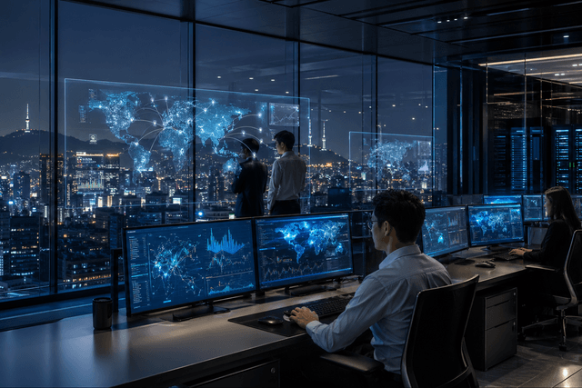 A photorealistic scene of a modern Seoul digital bank operations room showing analysts monitoring secure global payment flows and blockchain-style financial infrastructure