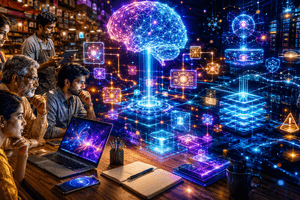 A cinematic image of everyday users facing a glowing AI knowledge interface that symbolises the need to understand common artificial intelligence terms.