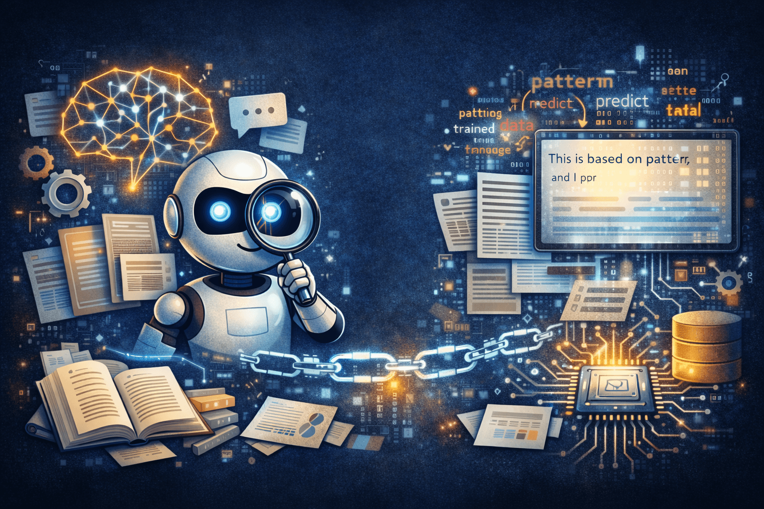 A wide digital illustration of artificial intelligence in a dark blue futuristic setting, with a friendly white robot holding a magnifying glass at the centre-left, surrounded by floating documents, books, charts, gears, a glowing network-shaped brain, and a chain of light leading toward a computer screen, microchip, and data storage symbols on the right, representing AI learning, language processing, pattern recognition, and how AI systems are built from data and computation.