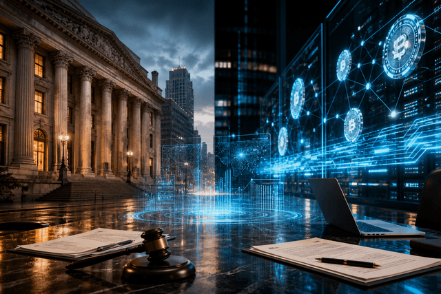 A cinematic financial scene showing a traditional bank and a digital finance command centre connected by glowing payment rails and regulatory documents.