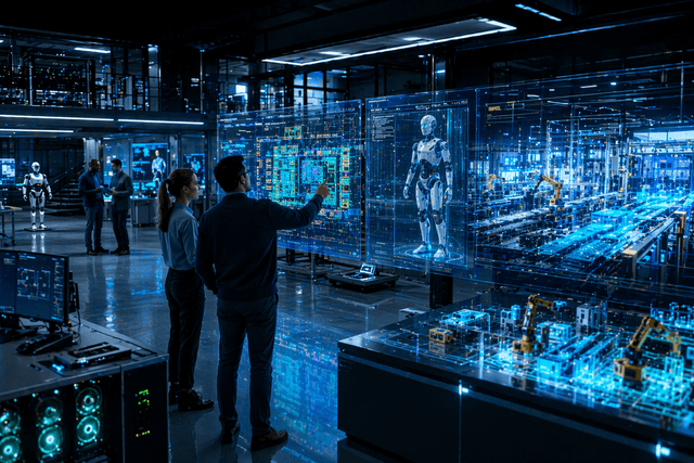 A photorealistic 16:9 4K PNG scene inside a futuristic engineering control room, with chip designers and robotics engineers standing before enormous transparent digital twin displays showing a semiconductor layout, a humanoid robot simulation, and a glowing AI factory model, subtle Nvidia style accelerated computing hardware in the environment, premium workstations, cinematic blue and white lighting, realistic reflections on glass and polished floors, high detail, believable advanced technology atmosphere, no text