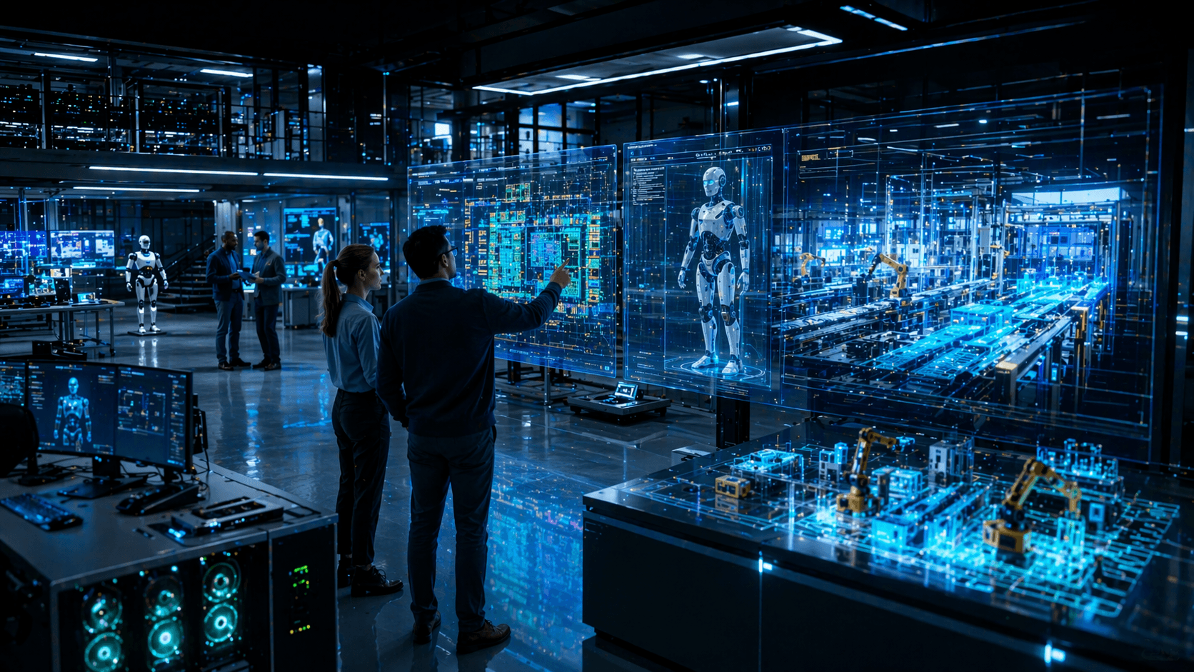 A photorealistic 16:9 4K PNG scene inside a futuristic engineering control room, with chip designers and robotics engineers standing before enormous transparent digital twin displays showing a semiconductor layout, a humanoid robot simulation, and a glowing AI factory model, subtle Nvidia style accelerated computing hardware in the environment, premium workstations, cinematic blue and white lighting, realistic reflections on glass and polished floors, high detail, believable advanced technology atmosphere, no text
