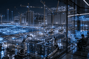 A futuristic AI data centre construction site showing robots, engineers and glowing infrastructure systems building the physical backbone of artificial intelligence.