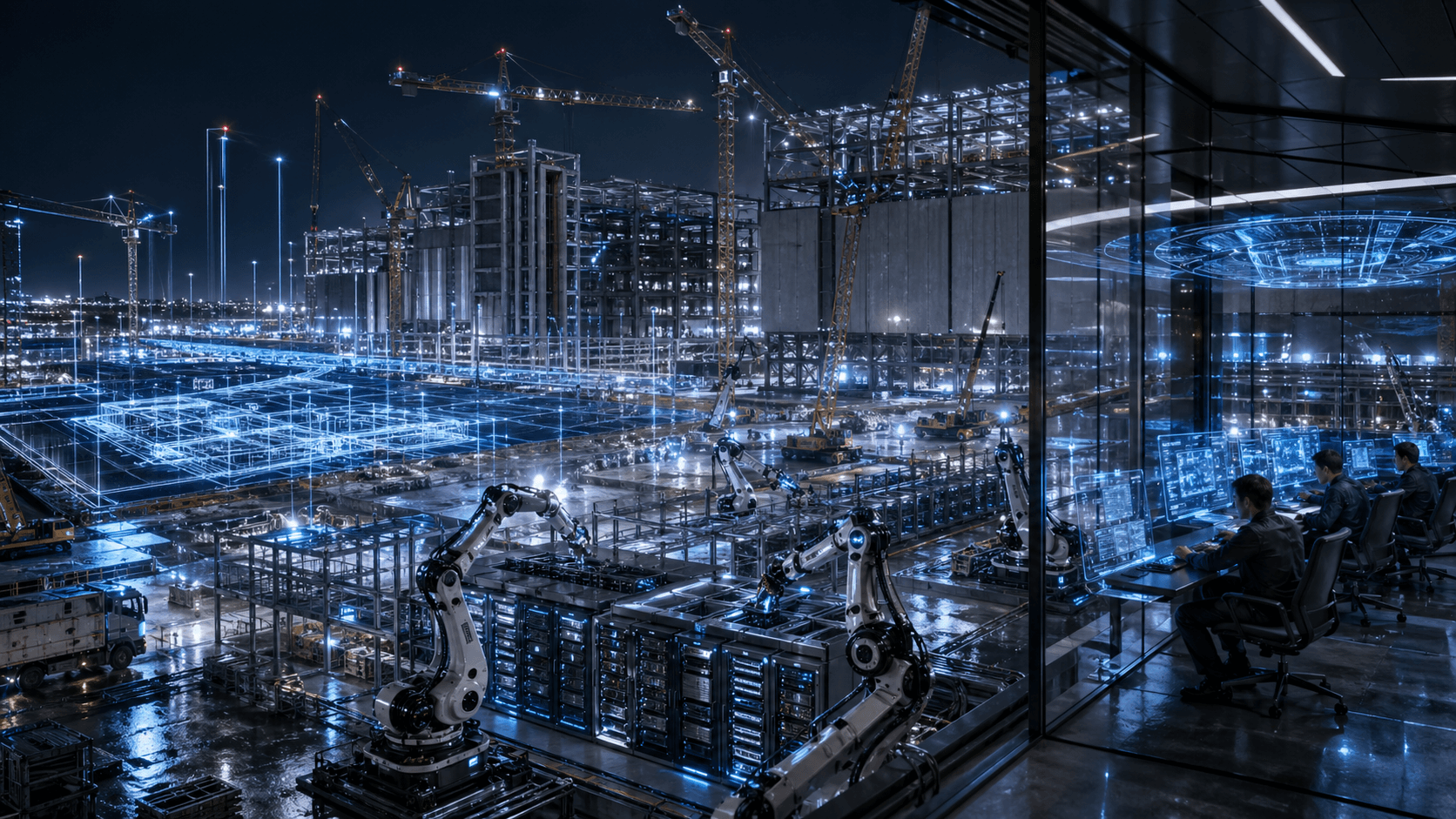 A futuristic AI data centre construction site showing robots, engineers and glowing infrastructure systems building the physical backbone of artificial intelligence.
