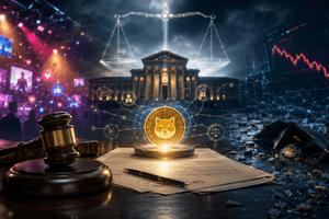 A cinematic courtroom scene shows a glowing memecoin between celebrity promotion imagery and a collapsing crypto market, symbolising legal scrutiny of token promises.