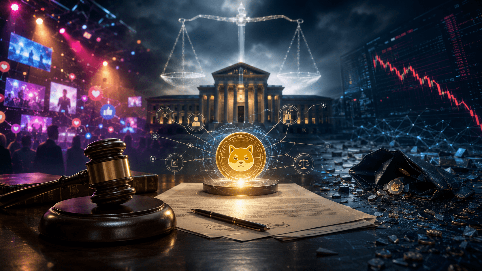 A cinematic courtroom scene shows a glowing memecoin between celebrity promotion imagery and a collapsing crypto market, symbolising legal scrutiny of token promises.