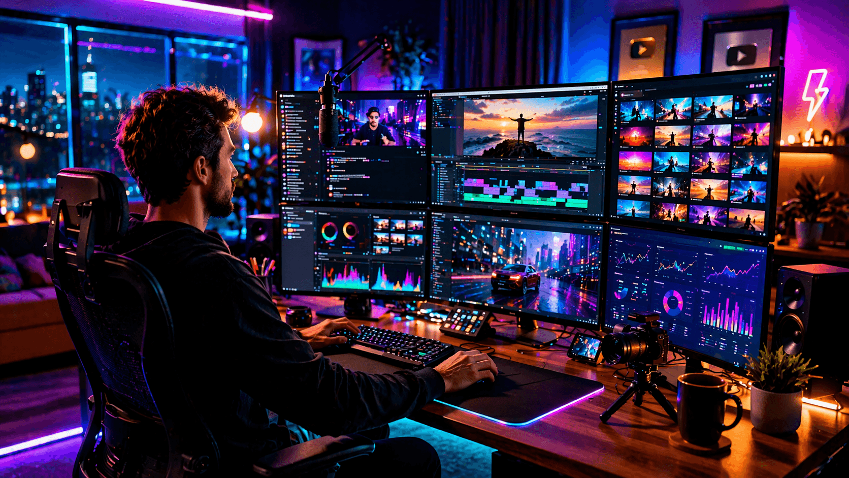 A photorealistic creator workspace showing one person managing video, live streaming, community, and audience tools from a unified digital dashboard.