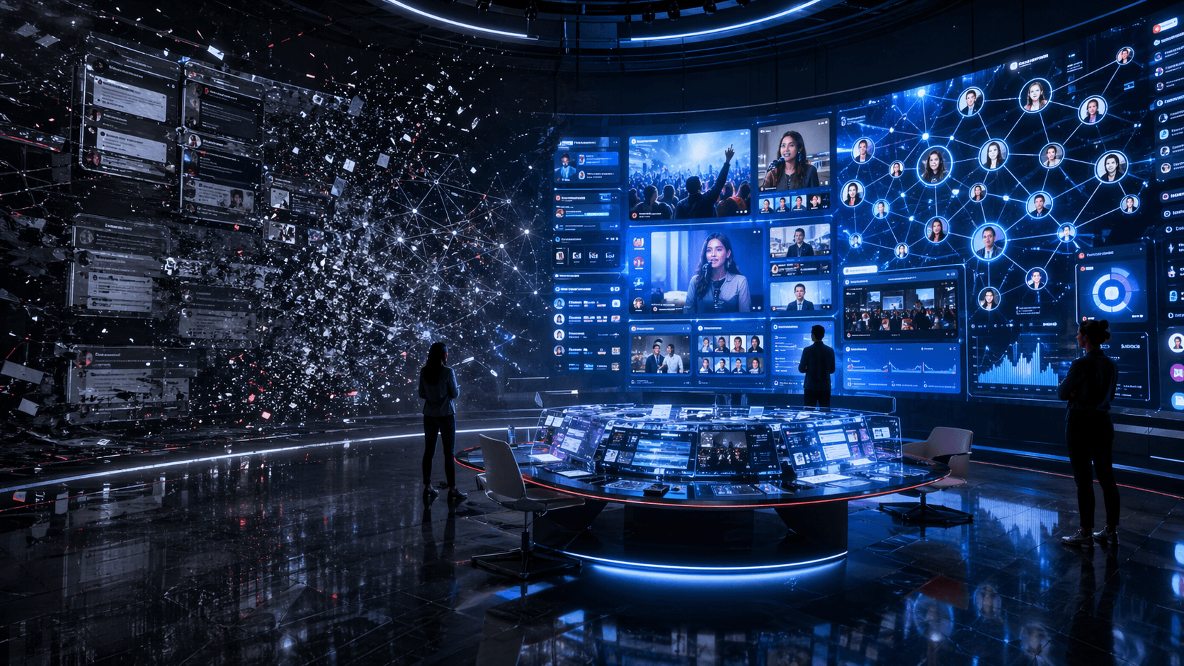 A futuristic digital control room shows old-style social communities fading while creator-focused dashboards and community support tools glow on the other side.