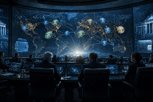 A cinematic central bank control room showing policymakers watching digital stablecoin flows across a glowing world map, symbolising the growing monetary threat of private digital money.