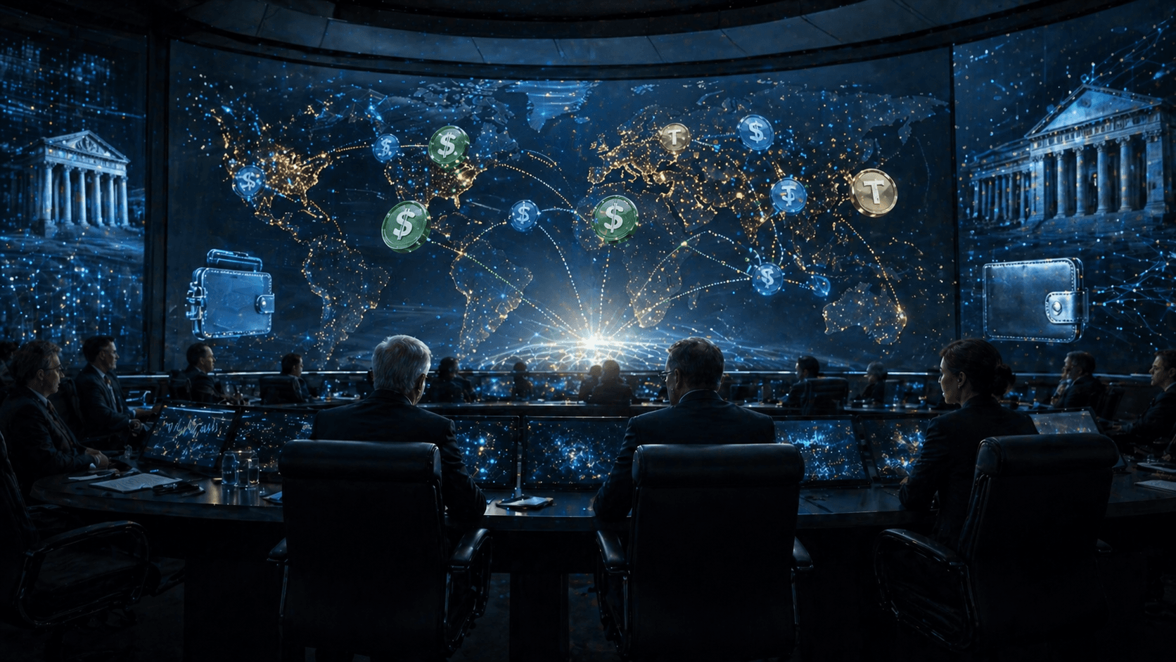 A cinematic central bank control room showing policymakers watching digital stablecoin flows across a glowing world map, symbolising the growing monetary threat of private digital money.