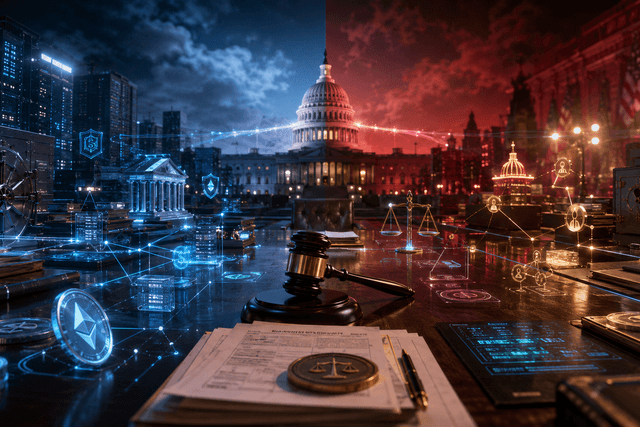 A cinematic congressional crypto regulation scene shows digital assets, legal documents, political ethics symbols, and a fragile bridge between regulation and conflict.