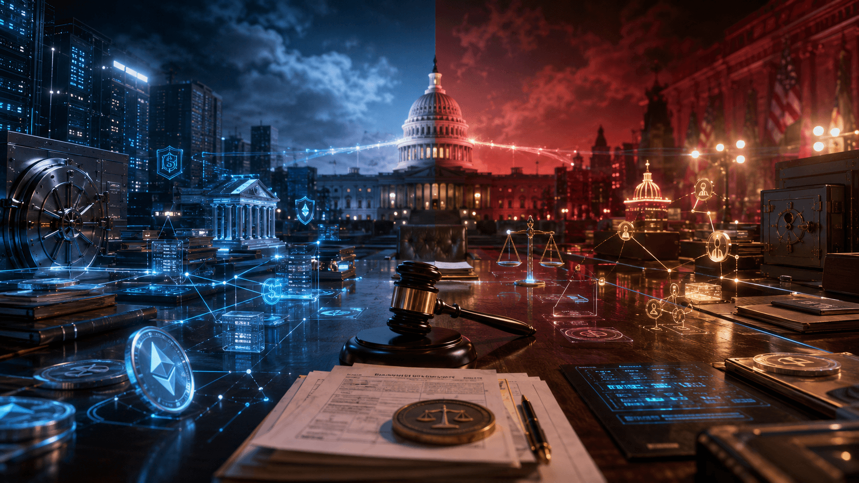 A cinematic congressional crypto regulation scene shows digital assets, legal documents, political ethics symbols, and a fragile bridge between regulation and conflict.