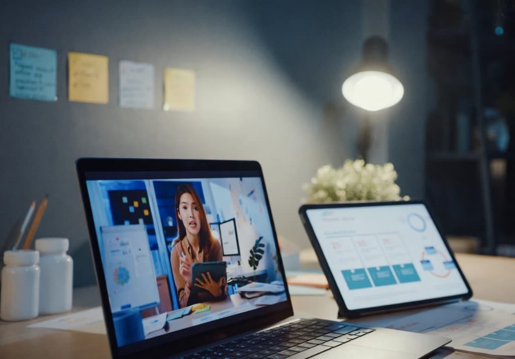 Laptop and tablet on a desk showing an online lesson and data charts, warm desk lamp lighting