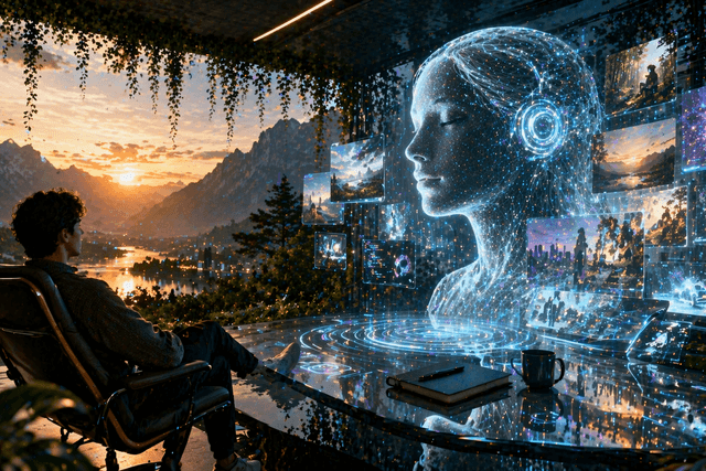 A futuristic scene showing a person sitting in a modern chair on a terrace overlooking a peaceful mountain lake at sunset, surrounded by greenery. In front of them, a glowing holographic AI figure made of light and data appears above a sleek glass table, with floating digital screens displaying images, videos